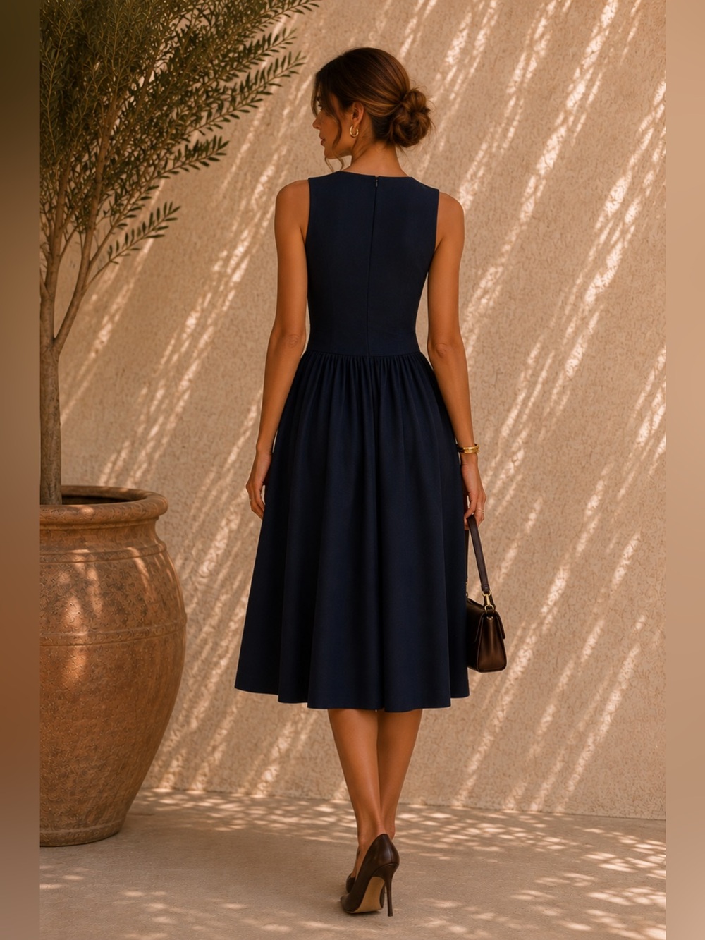 Commense Blue Denim V-Neck Ruched Midi Dress M | Fall Denim Dress - Picture 2 of 6